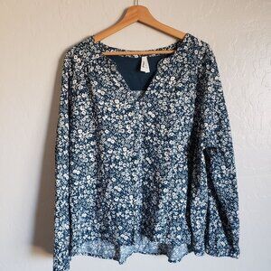 Pact Organic Cotton Cafe Crepe Poet Blouse Floral V-Neck Blue XL Prairie Cottage